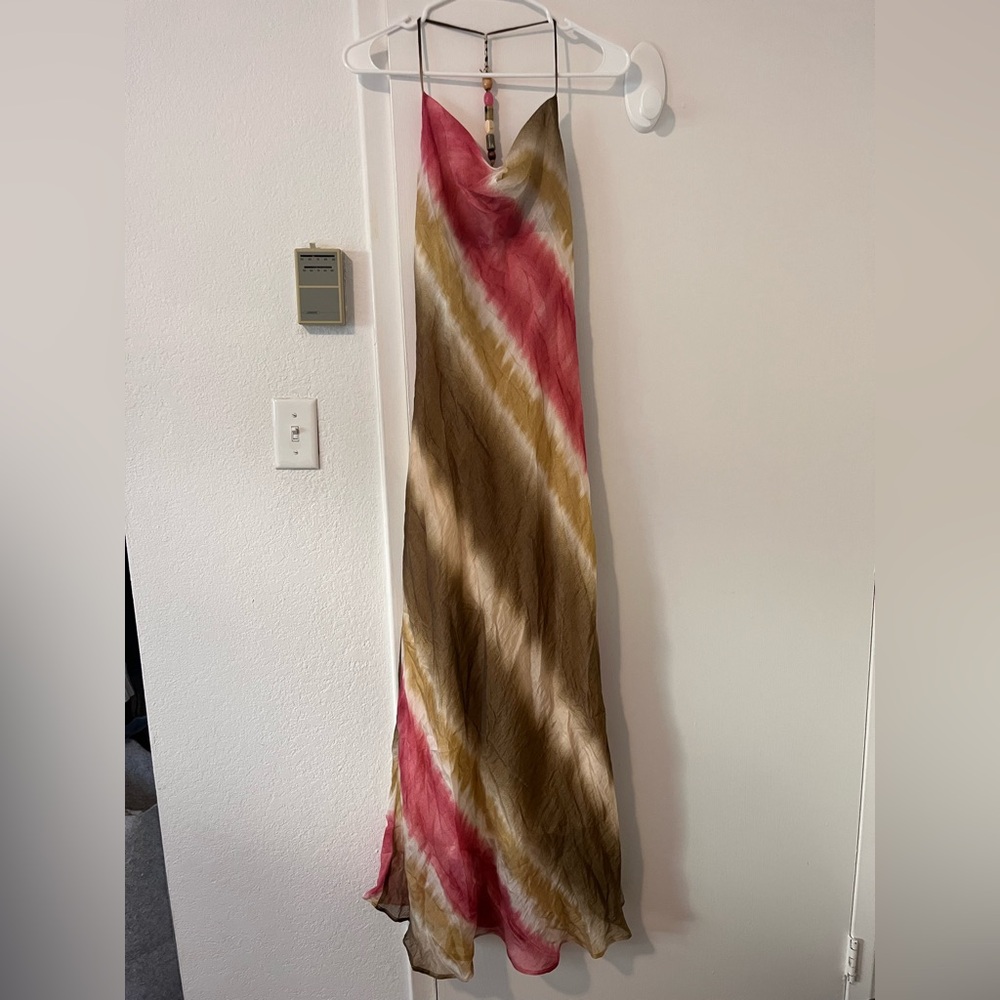 NWT Zara Tie Dye Cowl Neck Maxi Slip Dress Jewel Bead Detailing Medium Green